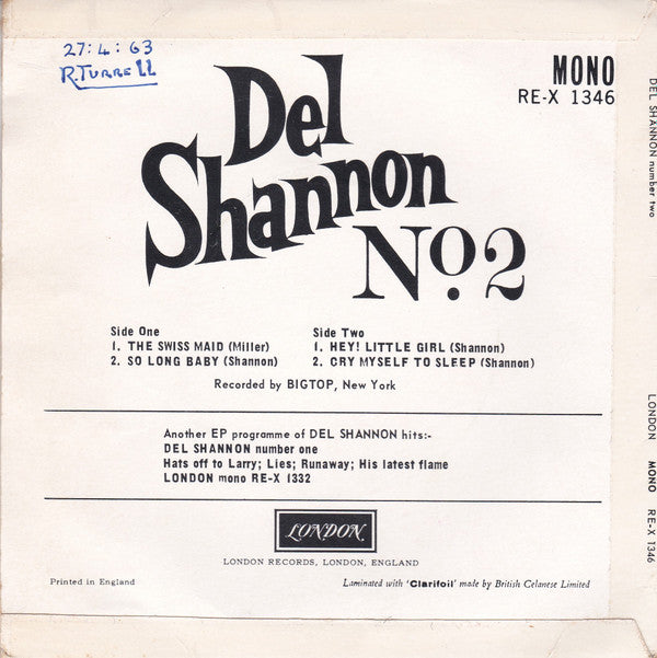 Del Shannon : Del Shannon No.2 (7", EP)