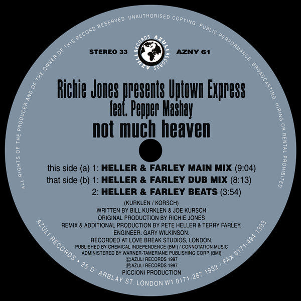 Richie Jones Pres. Uptown Express Feat. Pepper Mashay : Not Much Heaven (Heller & Farley Remixes!) (12")