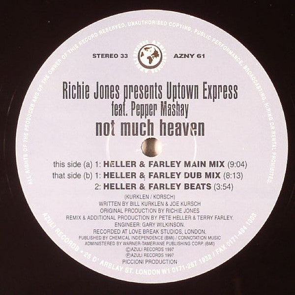 Richie Jones Pres. Uptown Express Feat. Pepper Mashay : Not Much Heaven (Heller & Farley Remixes!) (12")