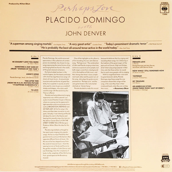 Placido Domingo With John Denver : Perhaps Love (LP, Album)