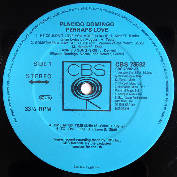 Placido Domingo With John Denver : Perhaps Love (LP, Album)