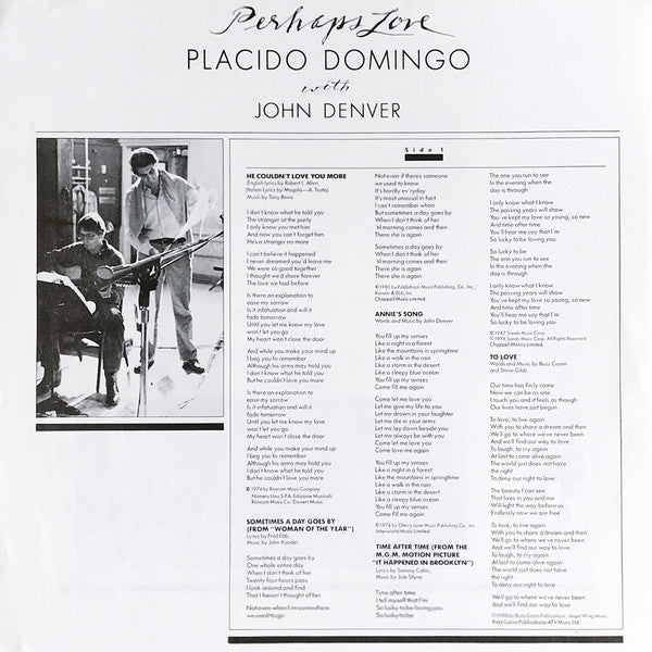 Placido Domingo With John Denver : Perhaps Love (LP, Album)