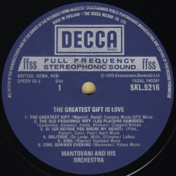 Mantovani And His Orchestra : The Greatest Gift Is Love (LP, Album)