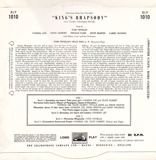 Ivor Novello : Selections From Ivor Novello's "King's Rhapsody" (10", Mono)
