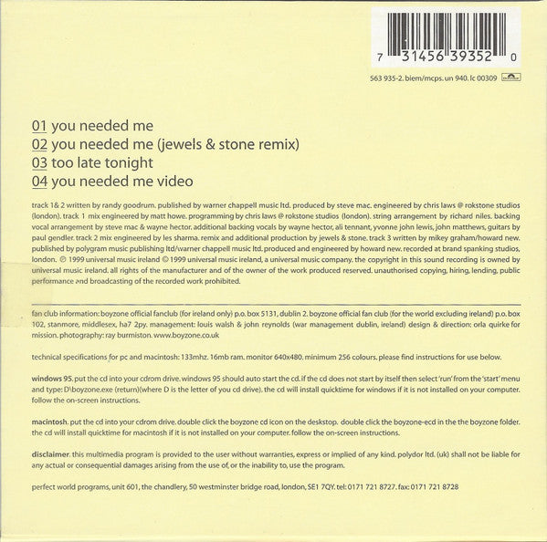 Boyzone : You Needed Me (CD, Single, Enh, Ltd, CD2)