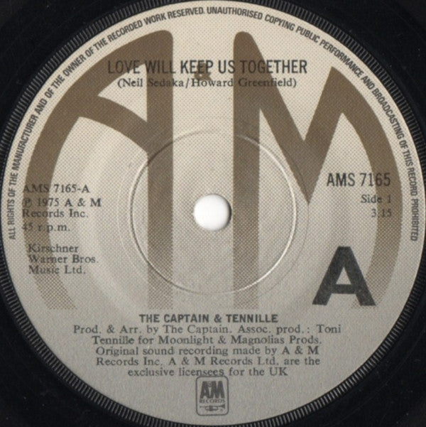 Captain And Tennille : Love Will Keep Us Together (7", Single, Sol)