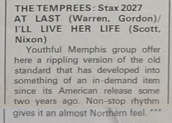 The Temprees : At Last (7")
