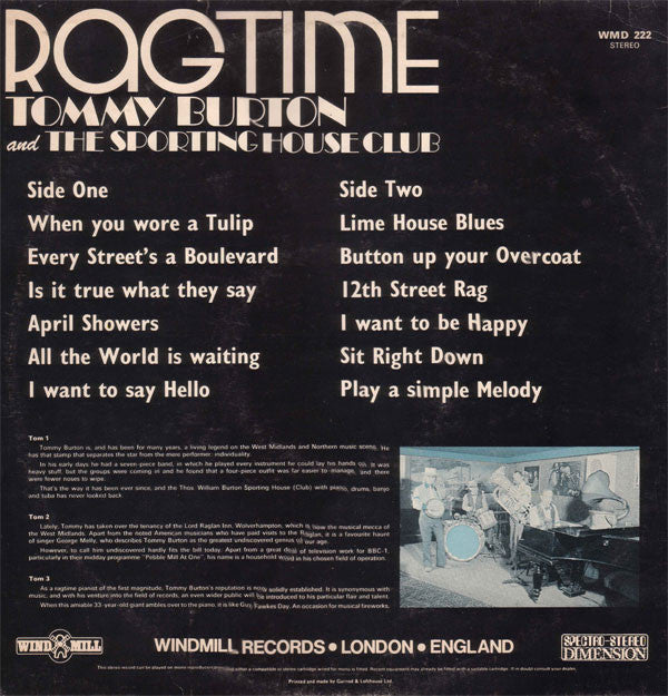 Tommy Burton & The Sporting House Quartet : Rag Time (LP)