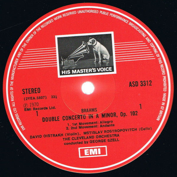Johannes Brahms / Antonín Dvořák, David Oistrach, Mstislav Rostropovich, George Szell, The Cleveland Orchestra : Double Concerto / Slavonic Dances Nos. 3 & 10 (LP, RE)