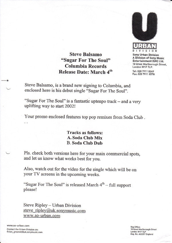 The Balsamo Project : Sugar For The Soul (12", Promo)