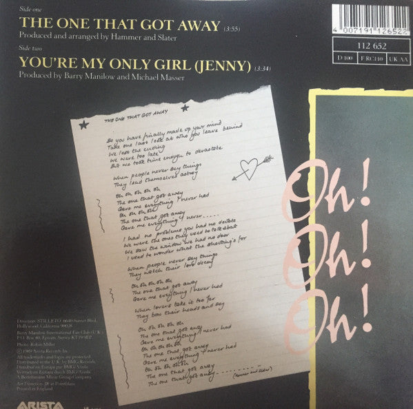 Barry Manilow : The One That Got Away (7", Single)