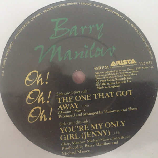 Barry Manilow : The One That Got Away (7", Single)
