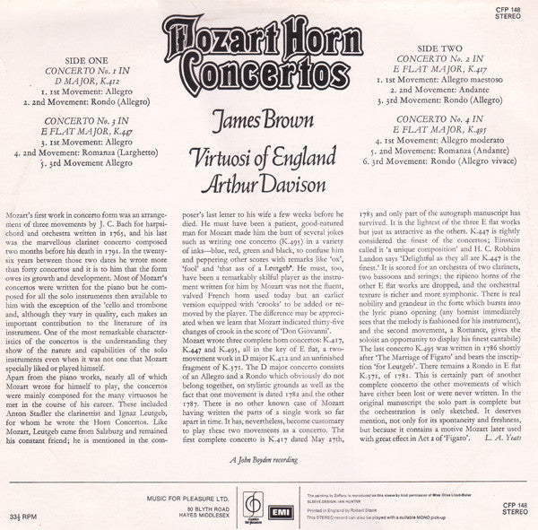 Wolfgang Amadeus Mozart / James W. Brown (2), The Virtuosi Of England, Arthur Davison : Mozart Horn Concertos (LP, RP)