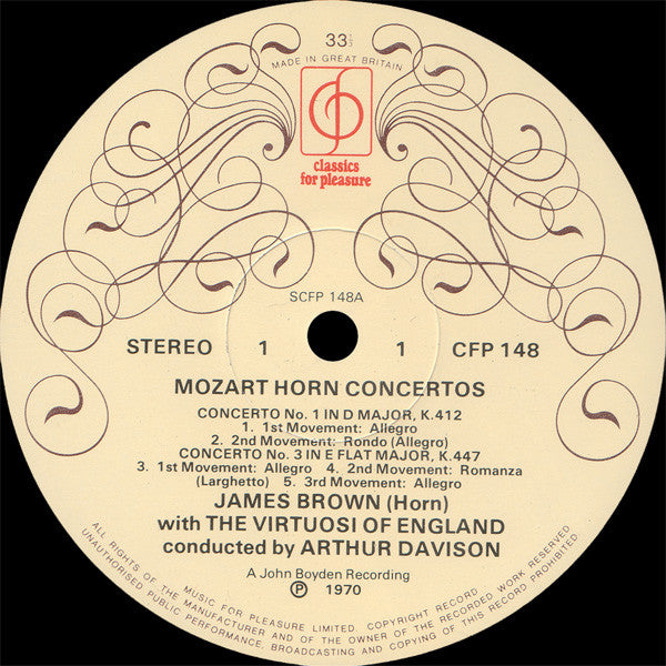 Wolfgang Amadeus Mozart / James W. Brown (2), The Virtuosi Of England, Arthur Davison : Mozart Horn Concertos (LP, RP)