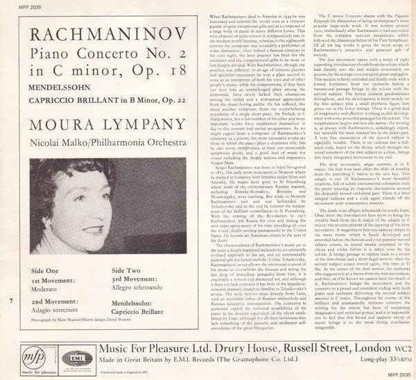 Sergei Vasilyevich Rachmaninoff, Felix Mendelssohn-Bartholdy, Dame Moura Lympany With Philharmonia Orchestra, Nicolai Malko :  Piano Concerto No. 2 In C Minor, Op. 18 / Capriccio Brilliant In B Minor, Op. 22 (LP, Mono)