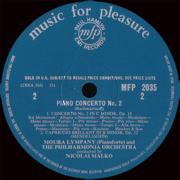Sergei Vasilyevich Rachmaninoff, Felix Mendelssohn-Bartholdy, Dame Moura Lympany With Philharmonia Orchestra, Nicolai Malko :  Piano Concerto No. 2 In C Minor, Op. 18 / Capriccio Brilliant In B Minor, Op. 22 (LP, Mono)