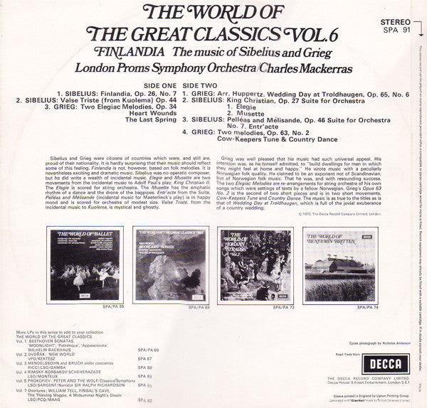 The London Proms Symphony Orchestra Conducted By Sir Charles Mackerras : The World Of The Great Classics Vol.6: Finlandia The Music Of Sibelius And Grieg (LP)