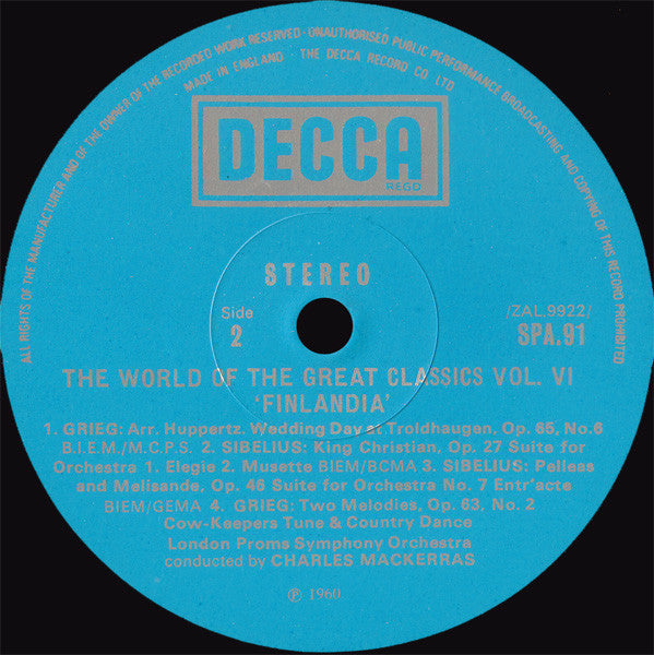 The London Proms Symphony Orchestra Conducted By Sir Charles Mackerras : The World Of The Great Classics Vol.6: Finlandia The Music Of Sibelius And Grieg (LP)