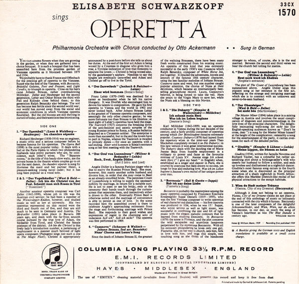 Elisabeth Schwarzkopf / Philharmonia Chorus & Philharmonia Orchestra Conducted By Otto Ackermann : Elisabeth Schwarzkopf Sings Operetta (LP, Mono)