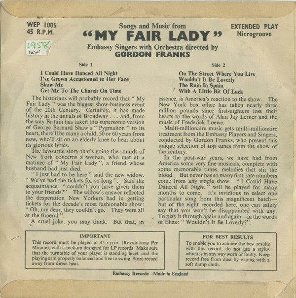 Embassy Singers & Players : Songs & Music From “My Fair Lady” (7", EP, 3 P)