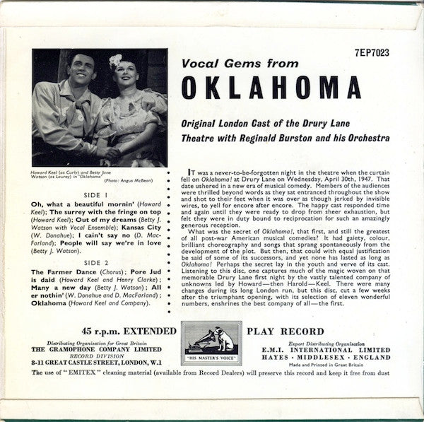 Richard Rodgers And Oscar Hammerstein II - Reginald Burston And His Orchestra : Vocal Gems From Oklahoma (7", EP)
