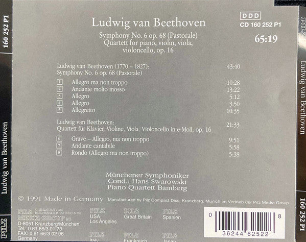 Ludwig van Beethoven, Münchener Symphoniker*, Hans Swarowsky, Piano Quartett Bamberg* : Symphony No. 6 Op. 68 (Pastorale) - Quartett Für Klavier, Violine, Viola, Violoncello In E-Moll, Op. 16 (CD)