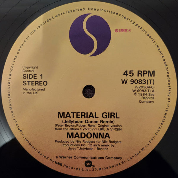 Madonna : Material Girl (Jellybean Dance Remix - 6:05) / Pretender (12", Single, Ltd, Pos)