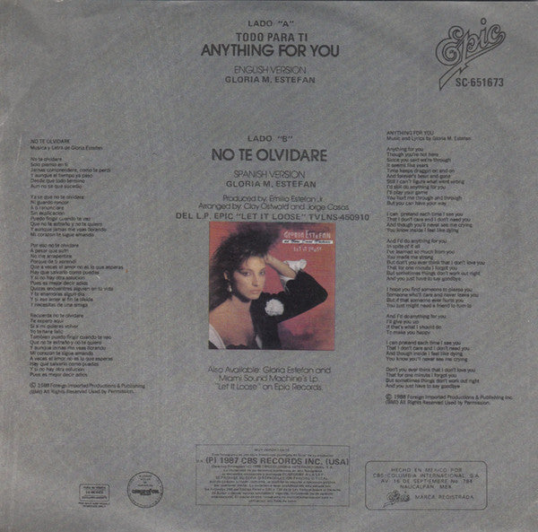 Miami Sound Machine : Anything For You / No Te Olvidare (7", Single)