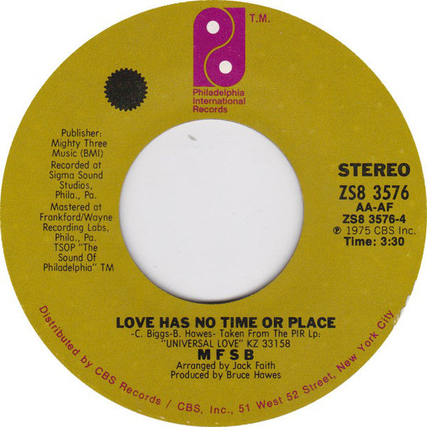 MFSB : T.L.C. (Tender Lovin' Care) / Love Has No Time Or Place (7", Single)