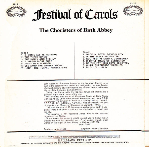 The Choristers Of Bath Abbey Master of the Choristers: John Dudley Holroyd : Festival Of Carols (LP)