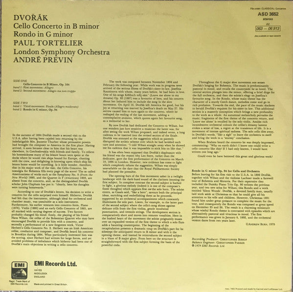 Antonín Dvořák, Paul Tortelier, London Symphony Orchestra, André Previn : Cello Concerto In B Minor / Rondo In G Minor (LP, RE)