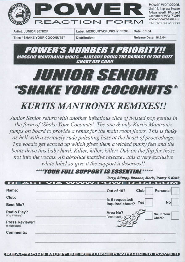 Junior Senior : Shake Your Coconuts (Kurtis Mantronik Remixes) (12", Promo, W/Lbl)