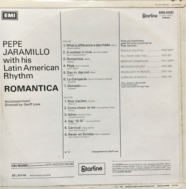 Pepe Jaramillo And His Latin-American Rhythm : Romantica (LP, RE)