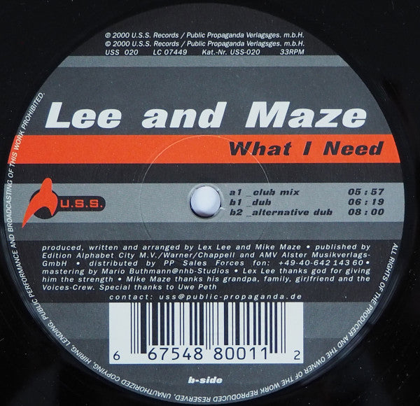 Lee & Maze : What I Need (12")