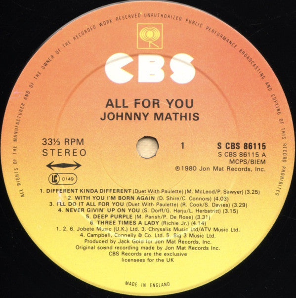 Johnny Mathis : All For You (LP, Album)