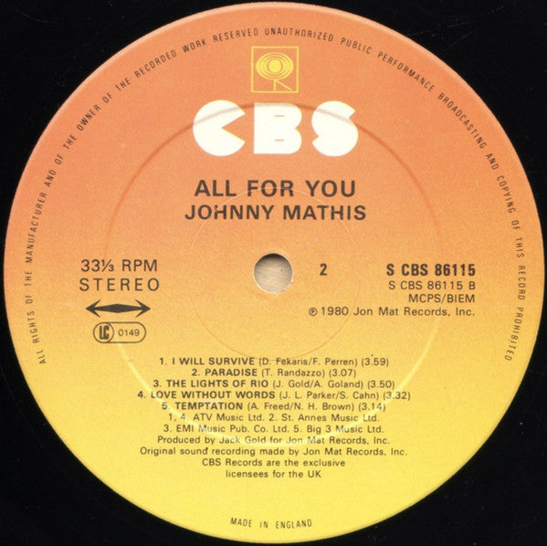 Johnny Mathis : All For You (LP, Album)