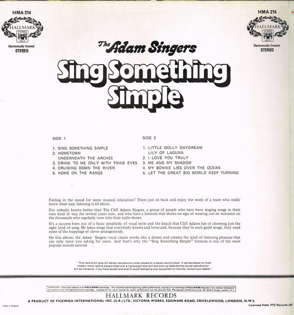 The Cliff Adams Singers : Sing Something Simple (LP, RE, RM)