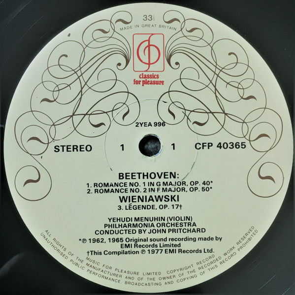 Yehudi Menuhin With Philharmonia Orchestra Conducted By John Pritchard : Beethoven: Romances 1 & 2 (LP, RE)