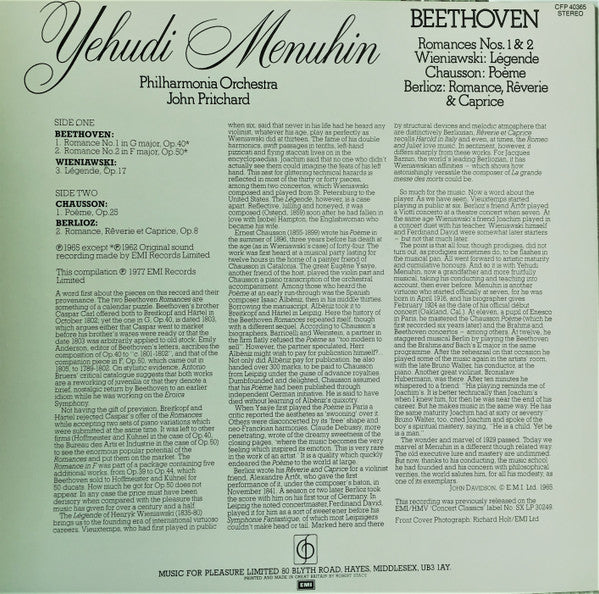 Yehudi Menuhin With Philharmonia Orchestra Conducted By John Pritchard : Beethoven: Romances 1 & 2 (LP, RE)