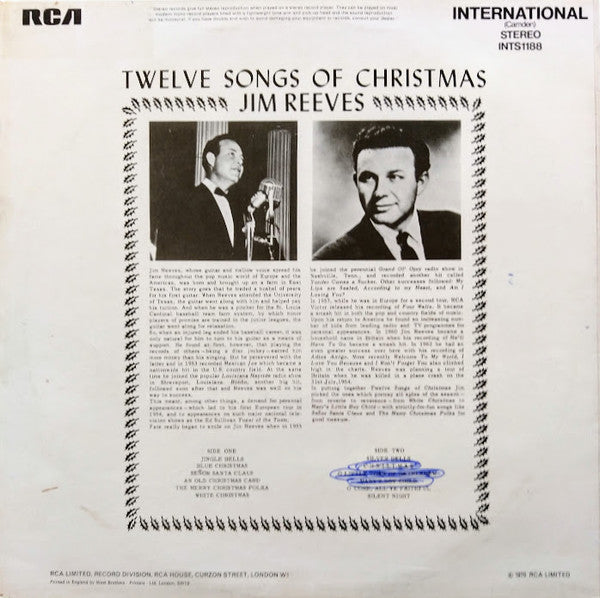 Jim Reeves : Twelve Songs Of Christmas (LP, Album, RE)