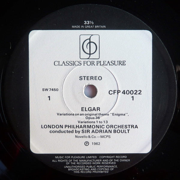 Sir Edward Elgar - London Philharmonic Orchestra, Sir Adrian Boult : Enigma Variations / Introduction & Allegro For Strings (LP, RE)