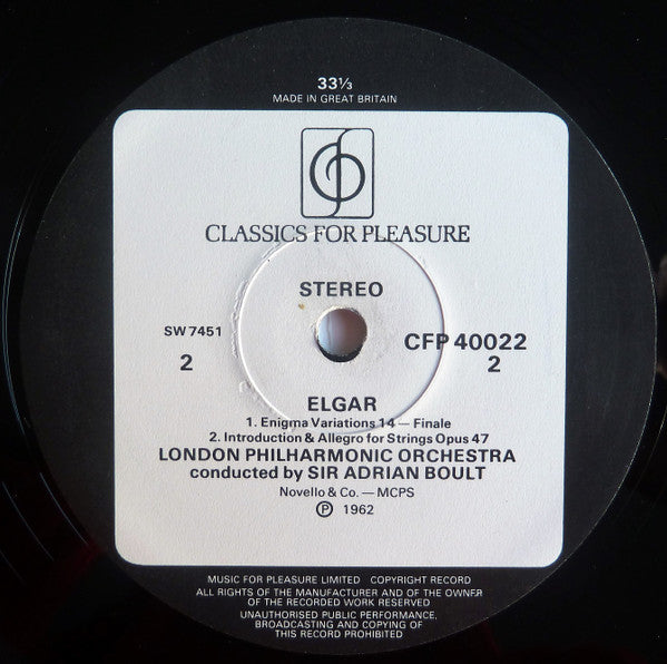 Sir Edward Elgar - London Philharmonic Orchestra, Sir Adrian Boult : Enigma Variations / Introduction & Allegro For Strings (LP, RE)