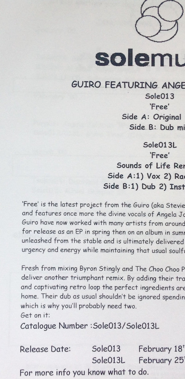 Guiro Feat. Angela Johnson : Free (12", Promo, W/Lbl)
