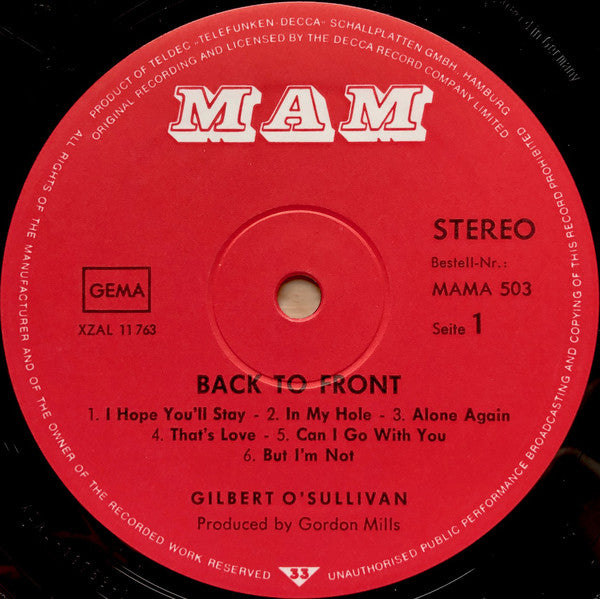 Gilbert O'Sullivan : Back To Front (LP, Album)