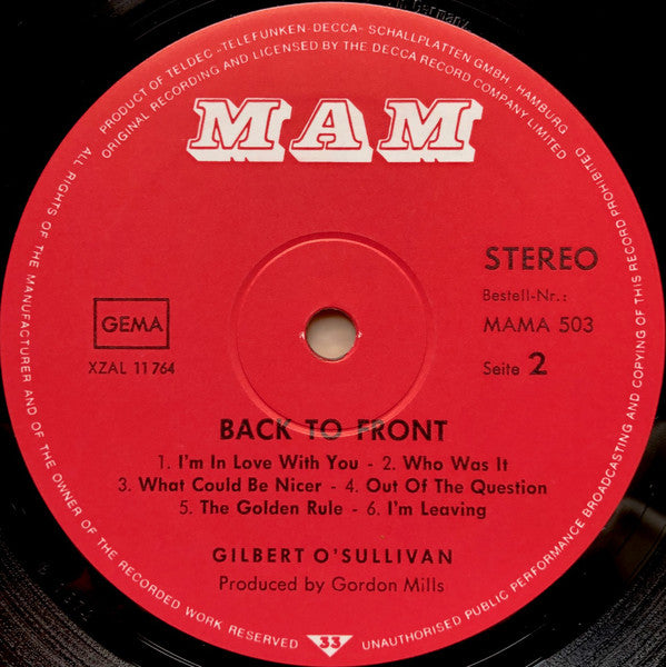 Gilbert O'Sullivan : Back To Front (LP, Album)
