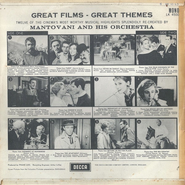 Mantovani And His Orchestra : Great Films - Great Themes (LP, Mono)
