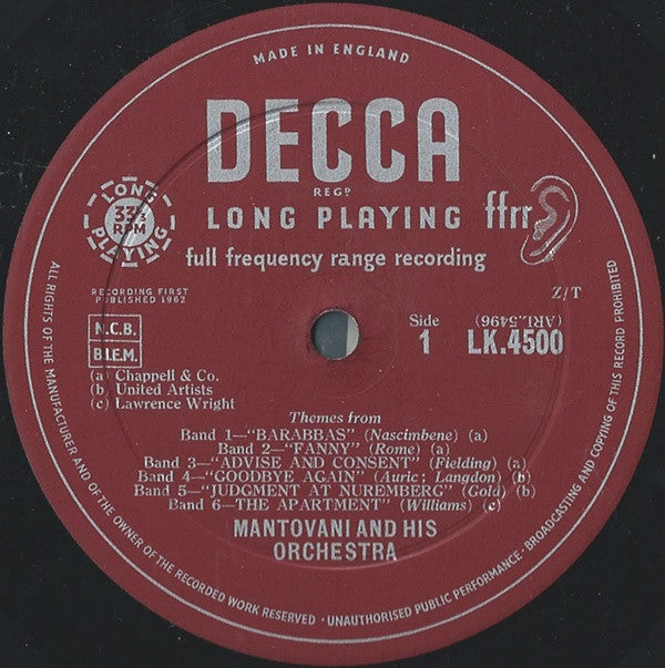 Mantovani And His Orchestra : Great Films - Great Themes (LP, Mono)