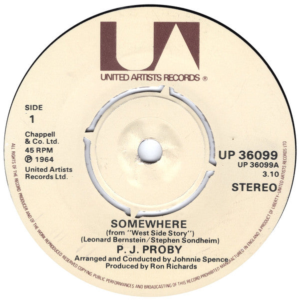 P.J. Proby : Somewhere (7", Single)