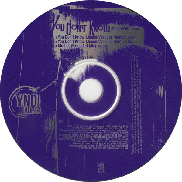 Cyndi Lauper : You Don't Know (The Junior Vasquez Mixes) (CD, Single)