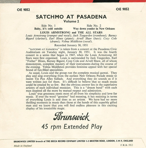 Louis Armstrong And His All-Stars : Satchmo At Pasadena (Volume 2) (7", EP)